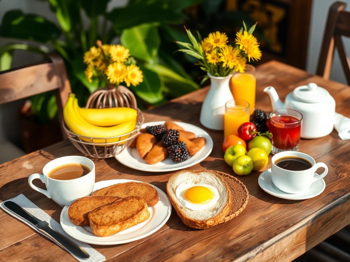 Mesa servida com café da manhã