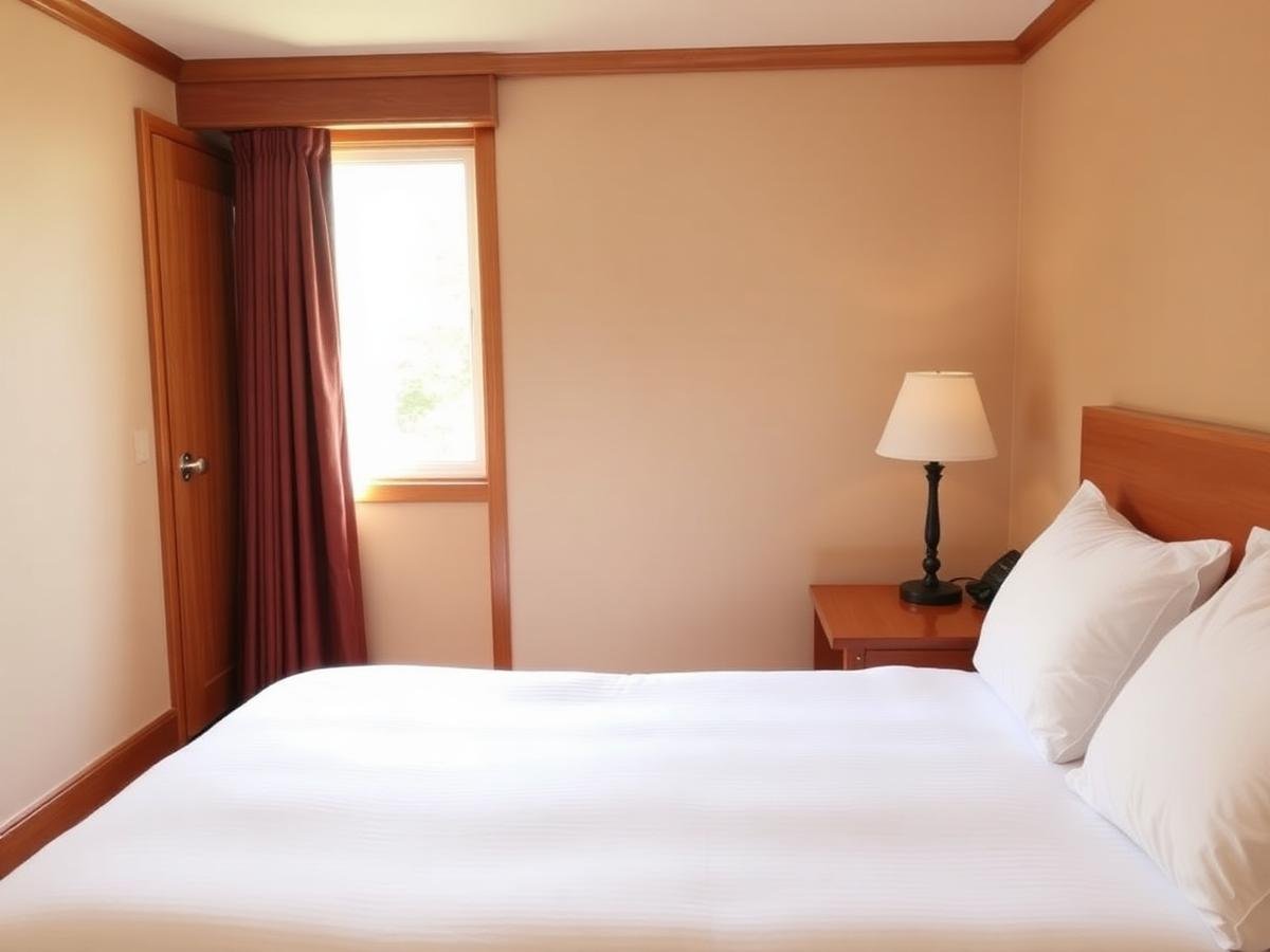 Quarto da Pousada do Dr. Hugo com cama de casal e roupa branca
